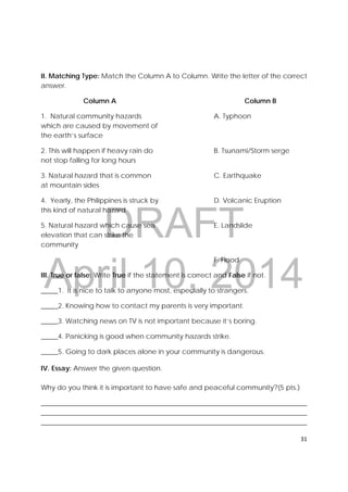 DRAFT
April 10, 2014
31 
 
II. Matching Type: Match the Column A to Column. Write the letter of the correct
answer.
Column A Column B
1. Natural community hazards
which are caused by movement of
the earth’s surface
A. Typhoon
2. This will happen if heavy rain do
not stop falling for long hours
B. Tsunami/Storm serge
3. Natural hazard that is common
at mountain sides
C. Earthquake
4. Yearly, the Philippines is struck by
this kind of natural hazard
D. Volcanic Eruption
5. Natural hazard which cause sea
elevation that can strike the
community
E. Landslide
F. Flood
III. True or false: Write True if the statement is correct and False if not.
_____1. It is nice to talk to anyone most, especially to strangers.
_____2. Knowing how to contact my parents is very important.
_____3. Watching news on TV is not important because it’s boring.
_____4. Panicking is good when community hazards strike.
_____5. Going to dark places alone in your community is dangerous.
IV. Essay: Answer the given question.
Why do you think it is important to have safe and peaceful community?(5 pts.)
______________________________________________________________________________
______________________________________________________________________________
______________________________________________________________________________
 