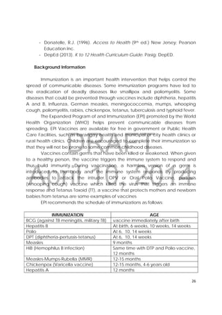 DRAFT
April 10, 2014
26 
 
‐ Donatelle, R.J. (1996). Access to Health (9th ed.) New Jersey: Pearson
Education Inc.
‐ DepEd (2013). K to 12 Health Curriculum Guide. Pasig: DepED.
Background Information
Immunization is an important health intervention that helps control the
spread of communicable diseases. Some immunization programs have led to
the eradication of deadly diseases like smalllpox and poliomyelitis. Some
diseases that could be prevented through vaccines include diphtheria, hepatitis
A and B, Influenza, German measles, meningococcemia, mumps, whooping
cough, poliomyelitis, rabies, chickenpox, tetanus, tuberculosis and typhoid fever.
The Expanded Program of and Immunization (EPI) promoted by the World
Health Organization (WHO) helps prevent communicable diseases from
spreading. EPI Vaccines are available for free in government or Public Health
Care Facilities, such as barangay health and municipal or city health clinics or
rural health clinics. Children are encouraged to complete their immunization so
that they will not be prone to some common childhood diseases.
Vaccines contain germs that have been killed or weakened. When given
to a healthy person, the vaccine triggers the immune system to respond and
thus build immunity. During vaccination, a harmless version of a germ is
introduced to the body and the immune system responds by producing
antibodies to attack the intruder. OPV or Oral Polio Vaccine, pertussis
(whooping cough) vaccine which killed the virus that triggers an immune
response and Tetanus Toxoid (TT), a vaccine that protects mothers and newborn
babies from tetanus are some examples of vaccines
EPI recommends the schedule of immunizations as follows:
IMMUNIZATION AGE
BCG (against TB meningitis, military TB) vaccine immediately after birth
Hepatitis B At birth, 6 weeks, 10 weeks, 14 weeks
Polio At 6, 10, 14 weeks
DPT (diphtheria-pertussis-tetanus) At 6, 10, 14 weeks
Measles 9 months
HiB (Hemophilus B infection) Same time with DTP and Polio vaccine,
12 months
Measles-Mumps-Rubella (MMR) 12-15 months
Chickenpox (Varicella vaccine) 12-15 months, 4-6 years old
Hepatitis A 12 months
 