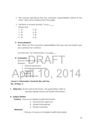 DRAFT
April 10, 2014
23 
 
2. The teacher will discuss the five consumer responsibilities written in the
chart. Elicit some answers from the pupils.
3. Tell them to answer Activity 1 on p._____.
Anwer Key:
1.  5. 
2.  6. 
3.  7. 
4.  8. 
C. Generalization:
Ask: What are the consumer responsibilities that you must do before you
use a product or a service.
Let them do “Let’s Remember” on page___ .
D. Evaluation:
Do Let's Check on p. ______.
Answers:
1. Critical awareness
2. Environmental Awareness
3. Solidarity
4. Action
5. Social Concern
Lesson 7: Information: Good for Me and You
No. of Days: 2
I. Objective: At the end of the lesson, the pupil will be able to;
- identify reliable sources of health information.
II. Subject Matter
Content: Sources of reliable health information
 Government agencies
 Health Professionals
 Printed materials
Materials:
‐ Pictures of sources of reliable health information
 