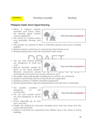 DRAFT
April 10, 2014
20 
 
WARNING Flooding is possible flooding
Philippine Public Storm Signal Warning
1. When a tropical cyclone
intensifies and moves closer,
this warning signal number
may be upgraded.
2. The waves on coastal waters
may gradually develop and
swell.
3. The people are advised to listen to PAGASA updates and severe weather
bulletins.
4. Business may be carried out as usual except when floods occur.
5. Disaster preparedness units are activated to alert status.
1. The sea and coastal waters
are dangerous to small sea
craft.
2. Special attention should be
given to the latest position,
direction, movement, speed,
and intensity of the storm as it moves toward an area.
3. The public, especially people travelling by sea and air, are cautioned.
4. Classes in elementary and secondary levels are suspended
5. Outdoor activities of children should be postponed.
6. Disaster preparedness agencies/organizations must alert their communities.
1. The weather condition is
dangerous to the
communities.
2. The sea and coastal waters
are very dangerous to all sea
craft.
3. Travel especially by air and
sea is very risky.
4. People are advised to evacuate low-lying areas and stay away from the
coasts and riverbanks.
5. Classes in all levels are suspended and children stay in the safety of strong
buildings.
 
