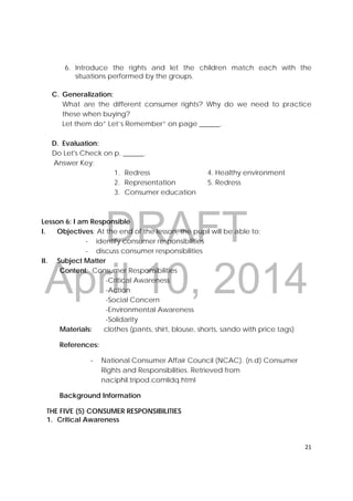 DRAFT
April 10, 2014
21 
 
6. Introduce the rights and let the children match each with the
situations performed by the groups.
C. Generalization:
What are the different consumer rights? Why do we need to practice
these when buying?
Let them do” Let’s Remember” on page ______.
D. Evaluation:
Do Let's Check on p. ______.
Answer Key:
1. Redress 4. Healthy environment
2. Representation 5. Redress
3. Consumer education
Lesson 6: I am Responsible
I. Objectives: At the end of the lesson, the pupil will be able to;
- identify consumer responsibilities
- discuss consumer responsibilities
II. Subject Matter
Content: Consumer Responsibilities
-Critical Awareness
-Action
-Social Concern
-Environmental Awareness
-Solidarity
Materials: clothes (pants, shirt, blouse, shorts, sando with price tags)
References:
‐ National Consumer Affair Council (NCAC). (n.d) Consumer
Rights and Responsibilities. Retrieved from
naciphil.tripod.comlidq.html
Background Information
THE FIVE (5) CONSUMER RESPONSIBILITIES
1. Critical Awareness
 