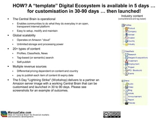 HOW? A “template” Digital Ecosystem is available in 5 days …
        for customisation in 30-90 days … then launched!
                                                                          Industry content
   The Central Brain is operational                                   (comprehensive and tag based)

       Enables communities to do what they do everyday in an open,
        transparent internet platform
       Easy to setup, modify and maintain
   Global scalability
       Operates on Amazon “cloud”
       Unlimited storage and processing power
   20+ types of content
       Profiles, Classifieds, News
       Tag-based (or semantic) search
       Self-publish
   Multiple revenue sources
       Differential pricing dependent on content and country
       pay to publish each item of content til expiry date
   The 5 Day "Lightning Strike" (Workshop) delivers to a partner an
    Amazon server image with a working Central Brain that can be
    customised and launched in 30 to 90 days. Please see
    screenshots for an example of outcomes.
 