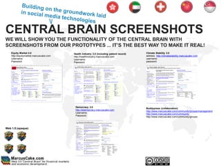 CENTRAL BRAIN SCREENSHOTS
WE WILL SHOW YOU THE FUNCTIONALITY OF THE CENTRAL BRAIN WITH
SCREENSHOTS FROM OUR PROTOTYPES ... IT’S THE BEST WAY TO MAKE IT REAL!
    Equity Market 4.0                    Health Industry 3.0 (including patient record)   Climate Stability 3.0
    http://equitymarket.marcuscake.com   http://healthindustry.marcuscake.com             address: http://climatestability.marcuscake.com
    Username:                            Username:                                        username:
    Password:                            Password:                                        password:




                                          Democracy 3.0                                   Buddypress (collaboration)
                                          http://edemocracy.marcuscake.com                http://www.marcuscake.com/community/groups/management
                                          Username:                                       http://www.marcuscake.com/community
                                          Password:                                       http://www.marcuscake.com/community/groups



Web 1.0 (opaque)
 