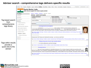 Adviser search - comprehensive tags delivers specific results




Tag based search
      from
 comprehensive
   tags library




Tags within results
     provide a
 quick intro to the
      adviser
 