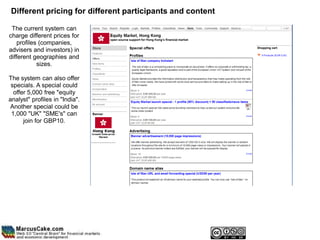 Different pricing for different participants and content

 The current system can
charge different prices for
    profiles (companies,
advisers and investors) in
different geographies and
            sizes.

The system can also offer
 specials. A special could
  offer 5,000 free "equity
analyst" profiles in "India".
Another special could be
 1,000 "UK" "SME's" can
      join for GBP10.
 
