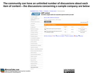 The community can have an unlimited number of discussions about each
item of content – the discussions concerning a sample company are below
        .
 