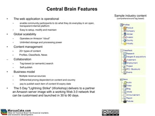 Central Brain Features
                                                                                    Sample industry content
•       The web application is operational                                           (comprehensive and tag based)

    •       enable community participants to do what they do everyday in an open,
            transparent internet platform
    •       Easy to setup, modify and maintain
•       Global scalability
    •       Operates on Amazon “cloud”
    •       Unlimited storage and processing power
•       Content management
    –       20+ types of content
    –       Profiles, Classifieds, News
–       Collaboration
    •       Tag-based (or semantic) search
    •       Self-publish
•       Business model
    –       Multiple revenue sources
    •       Differential pricing dependent on content and country
    •       pay to publish each item of content til expiry date
•    The 5 Day "Lightning Strike" (Workshop) delivers to a partner
    an Amazon server image with a working Web 3.0 network that
    can be customised and launched in 30 to 90 days.
 