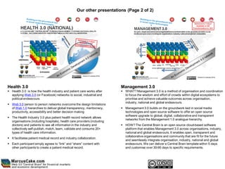 Our other presentations (Page 2 of 2)




Health 3.0                                                                Management 3.0
 Health 3.0 is how the health industry and patient care works after       WHAT? Management 3.0 is a method of organisation and coordination
  applying Web 3.0 (or Facebook) networks to social, industrial and         to focus the wisdom and effort of crowds within digital ecosystems to
  political endeavours                                                      prioritise and achieve valuable outcomes across organisation,
                                                                            industry, national and global endeavours.
 Web 3.0 person to person networks overcome the design limitations
  of Web 1.0 hierarchies to deliver global transparency, meritocracy,      Management 3.0 builds on the groundwork laid in social media
  productivity, accessibility and better decision making                    technologies and open source software to offer an open source
                                                                            software upgrade to global, digital, collaborative and transparent
 The Health Industry 3.0 plus patient health record network allows
                                                                            networks from the Management 1.0 analogue hierarchy.
  organisations (including hospitals), health care providers (including
  doctors) and patients to see all information in the industry and         HOW? The Central Brain is an open source cloud-based software
  collectively self-publish, match, learn, validate and consume 20+         platform that enables Management 3.0 across organisations, industry,
  types of health care information.                                         national and global endeavours. It enables open, transparent and
                                                                            collaborative organisations and community that are fit for the future
 It facilitates patient medical record and industry collaboration.
                                                                            and seemlessly integrate organisation, industry, national and global
 Each participant simply agrees to “link” and “share” content with         endeavours. We can deliver a Central Brain template within 5 days
  other participants to create a patient medical record.                    and customise over 30-90 days to specific requirements.
 