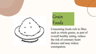 Grain
Foods
Consuming foods rich in fiber,
such as whole grains, as part of
overall healthy eating, reduce
the risk of coronary heart
disease and may reduce
constipation.
 