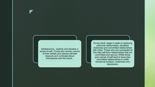 z
Adolescence- explore and develop a
sense of self. Those who remain unsure
of their beliefs and desires will feel
insecure and confused about
themselves and the future.
Young adult- stage in state of exploring
personal relationships, develops
closeness and committed relationships
with other. Those who are successful at
this step will form relationships that are
committed and secure. While those
poor sense of self tend to have less
committed relationships to suffer
emotional isolation, loneliness and
depression.
 