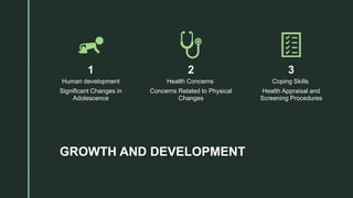 z
GROWTH AND DEVELOPMENT
1
Human development
Significant Changes in
Adolescence
2
Health Concerns
Concerns Related to Physical
Changes
3
Coping Skills
Health Appraisal and
Screening Procedures
 
