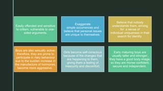 z
Easily offended and sensitive
to critism, vulnerable to one-
sided arguments.
Exaggerate
simple occurrences and
believe that personal issues
are unique to themselves.
Believe that nobody
understands them, striving
for a sense of
individual uniqueness in their
search for identity
Boys are also sexually active;
therefore, they are prone to
participate in risky behaviour
sue to the sudden increase in
the manufacture of hormones,
become more aggressive.
Girls become self-conscious
because of the changes that
are happening to them,
giving them a feeling of
insecurity and discomfort.
Early maturing boys are
usually taller and stronger;
they have a good body image,
so they are moree confident,
secure and independent.
 