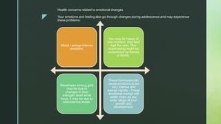 z
Health concerns related to emotional changes
Your emotions and feeling also go through changes during adolescence and may experience
these problems:
Mood / swings intense
emotions.
You may be happy at
one moment, then feel
sad the next. This
mood swing might be
understood by friends
or family.
Moodiness among girls
may be due to
changes in their
estrogen level while
boys, it may be due to
testosterone levels.
These hormones can
cause emotions to be
very intense and
swings rapidly . These
emotional swings will
settle down as you
enter stage of your
growth and
development.
 