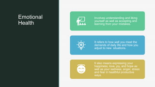 z
z
Emotional
Health
Involves understanding and liking
yourself as well as accepting and
learning from your mistakes.
It refers to how well you meet the
demands of daily life and how you
adjust to new situations.
It also means expressing your
happiness, love, joy, and hope as
well as your sadness, anger, stress
and fear in healthful productive
ways.
 