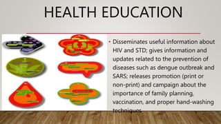 HEALTH EDUCATION
• Disseminates useful information about
HIV and STD; gives information and
updates related to the prevention of
diseases such as dengue outbreak and
SARS; releases promotion (print or
non-print) and campaign about the
importance of family planning,
vaccination, and proper hand-washing
techniques
 