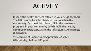 ACTIVITY
• Inspect the health services offered in your neighborhood.
The left column lists the characteristics of a healthy
community. On the right column, fill in the service or
programs in your community which fulfill the healthy
community characteristics in the left column. An example
is provided.
• ***Deadline of Submission: September 22, 2021
(Wednesday) before 1:00 pm)
 