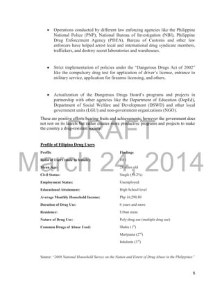 DRAFT 
March 24, 2014 
8 
 Operations conducted by different law enforcing agencies like the Philippine 
National Police (PNP), National Bureau of Investigation (NBI), Philippine 
Drug Enforcement Agency (PDEA), Bureau of Customs and other law 
enforcers have helped arrest local and international drug syndicate members, 
traffickers, and destroy secret laboratories and warehouses. 
 Strict implementation of policies under the “Dangerous Drugs Act of 2002” 
like the compulsory drug test for application of driver’s license, entrance to 
military service, application for firearms licensing, and others. 
 Actualization of the Dangerous Drugs Board’s programs and projects in 
partnership with other agencies like the Department of Education (DepEd), 
Department of Social Welfare and Development (DSWD) and other local 
government units (LGU) and non-government organizations (NGO). 
These are positive efforts bearing fruits and achievements; however the government does 
not rest on its laurels but rather creates more productive programs and projects to make 
the country a drug-resistant society. 
Profile of Filipino Drug Users 
Profile Findings 
Ratio of Users (male to female): 10:1 
Mean Age: 28 years old 
Civil Status: Single (58.2%) 
Employment Status: Unemployed 
Educational Attainment: High School level 
Average Monthly Household Income: Php 16,290.80 
Duration of Drug Use: 6 years and more 
Residence: Urban areas 
Nature of Drug Use: Poly-drug use (multiple drug use) 
Common Drugs of Abuse Used: Shabu (1st) 
Marijuana (2nd) 
Inhalants (3rd) 
Source: “2008 National Household Survey on the Nature and Extent of Drug Abuse in the Philippines” 
 