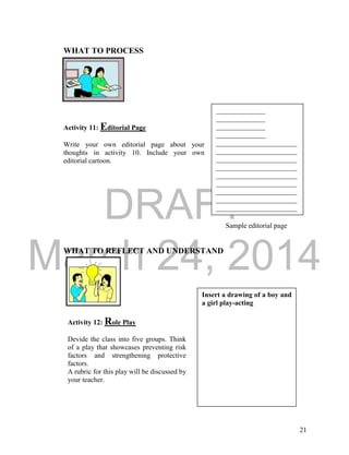 DRAFT 
March 24, 2014 
21 
WHAT TO PROCESS 
Activity 11: Editorial Page 
Write your own editorial page about your 
thoughts in activity 10. Include your own 
editorial cartoon. 
Sample editorial page 
WHAT TO REFLECT AND UNDERSTAND 
Activity 12: Role Play 
Devide the class into five groups. Think 
of a play that showcases preventing risk 
factors and strengthening protective 
factors. 
A rubric for this play will be discussed by 
your teacher. 
Insert a drawing of a boy and 
a girl play-acting 
______________ 
______________ 
______________ 
______________ 
_______________________ 
_______________________ 
_______________________ 
_______________________ 
_______________________ 
_______________________ 
_______________________ 
_______________________ 
_______________________ 
 