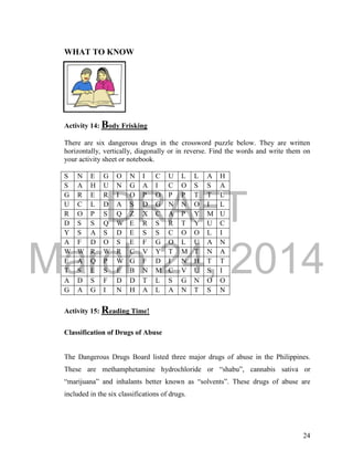 DRAFT 
March 24, 2014 
24 
WHAT TO KNOW 
Activity 14: Body Frisking 
There are six dangerous drugs in the crossword puzzle below. They are written 
horizontally, vertically, diagonally or in reverse. Find the words and write them on 
your activity sheet or notebook. 
S N E G O N I C U L L A H 
S A H U N G A I C O S S A 
G R E R I O P O P P T T L 
U C L D A S D G N N O I L 
R O P S Q Z X C A P Y M U 
D S S Q W E R S R T Y U C 
Y S A S D E S S C O O L I 
A F D O S E F G O L U A N 
W W R W R C V Y T M T N A 
E A Q P W G F D I N H T T 
T S E S E B N M C V U S I 
A D S F D D T L S G N O O 
G A G I N H A L A N T S N 
Activity 15: Reading Time! 
Classification of Drugs of Abuse 
The Dangerous Drugs Board listed three major drugs of abuse in the Philippines. 
These are methamphetamine hydrochloride or “shabu”, cannabis sativa or 
“marijuana” and inhalants better known as “solvents”. These drugs of abuse are 
included in the six classifications of drugs. 
 