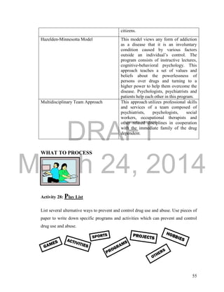 DRAFT 
March 24, 2014 
55 
citizens. 
Hazelden-Minnesotta Model This model views any form of addiction 
as a disease that it is an involuntary 
condition caused by various factors 
outside an individual’s control. The 
program consists of instructive lectures, 
cognitive-behavioral psychology. This 
approach teaches a set of values and 
beliefs about the powerlessness of 
persons over drugs and turning to a 
higher power to help them overcome the 
disease. Psychologists, psychiatrists and 
patients help each other in this program. 
Multidisciplinary Team Approach This approach utilizes professional skills 
and services of a team composed of 
psychiatrists, psychologists, social 
workers, occupational therapists and 
other related disciplines in cooperation 
with the immediate family of the drug 
dependent. 
WHAT TO PROCESS 
Activity 28: Play List 
List several alternative ways to prevent and control drug use and abuse. Use pieces of 
paper to write down specific programs and activities which can prevent and control 
drug use and abuse. 
 