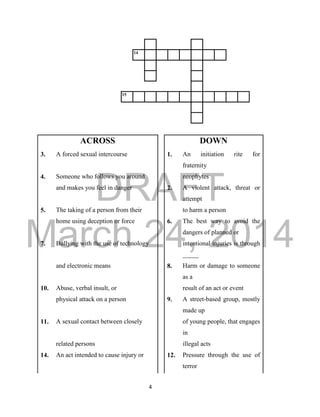 DRAFT 
March 24, 2014 
4 
14 
15 
ACROSS DOWN 
3. A forced sexual intercourse 1. An initiation rite for 
fraternity 
4. Someone who follows you around neophytes 
and makes you feel in danger 2. A violent attack, threat or 
attempt 
5. The taking of a person from their to harm a person 
home using deception or force 6. The best way to avoid the 
dangers of planned or 
7. Bullying with the use of technology intentional injuries is through 
_____ 
and electronic means 8. Harm or damage to someone 
as a 
10. Abuse, verbal insult, or result of an act or event 
physical attack on a person 9. A street-based group, mostly 
made up 
11. A sexual contact between closely of young people, that engages 
in 
related persons illegal acts 
14. An act intended to cause injury or 12. Pressure through the use of 
terror 
 