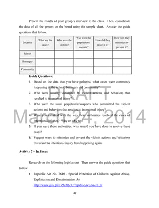 DRAFT 
March 24, 2014 
42 
Present the results of your group’s interview to the class. Then, consolidate 
the data of all the groups on the board using the sample chart. Answer the guide 
questions that follow. 
Location 
What are the 
cases? 
Who were the 
victims? 
Who were the 
perpetrators/ 
suspects? 
How did they 
resolve it? 
How will they 
minimize or 
prevent it? 
School 
Barangay 
Community 
Guide Questions: 
1. Based on the data that you have gathered, what cases were commonly 
happening in the school, barangay and community? 
2. Who were usually victimized by violent actions and behaviors that 
resulted to intentional injury? 
3. Who were the usual perpetrators/suspects who committed the violent 
actions and behaviors that resulted to intentional injury? 
4. Were you satisfied with the way these authorities resolved the cases of 
intentional injuries? Why or why not? 
5. If you were these authorities, what would you have done to resolve these 
cases? 
6. Suggest ways to minimize and prevent the violent actions and behaviors 
that result to intentional injury from happening again. 
Activity 2 – In Focus 
Research on the following legislations. Then answer the guide questions that 
follow. 
 Republic Act No. 7610 - Special Protection of Children Against Abuse, 
Exploitation and Discrimination Act 
http://www.gov.ph/1992/06/17/republic-act-no-7610/ 
 