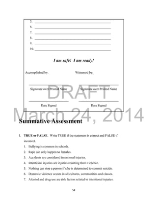 DRAFT 
March 24, 2014 
54 
5. ________________________________________________ 
6. ________________________________________________ 
7. ________________________________________________ 
8. ________________________________________________ 
9. ________________________________________________ 
10. ________________________________________________ 
I am safe! I am ready! 
Accomplished by: 
_________________________ 
Signature over Printed Name 
_________________________ 
Date Signed 
Witnessed by: 
_________________________ 
Signature over Printed Name 
_________________________ 
Date Signed 
Summative Assessment 
I. TRUE or FALSE. Write TRUE if the statement is correct and FALSE if 
incorrect. 
1. Bullying is common in schools. 
2. Rape can only happen to females. 
3. Accidents are considered intentional injuries. 
4. Intentional injuries are injuries resulting from violence. 
5. Nothing can stop a person if s/he is determined to commit suicide. 
6. Domestic violence occurs in all cultures, communities and classes. 
7. Alcohol and drug use are risk factors related to intentional injuries. 
 