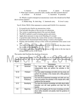 DRAFT 
March 24, 2014 
5 
A. fracture B. laceration C. sprain D. wound 
9. What open wound is caused by nails, needles and other pointed objects? 
A. avulsion B. incision C. laceration D. puncture 
10. Which is used to transport an unconscious victim who should not be lifted 
due to serious injuries? 
A. blanket drag B. chair drag C. hammock carry D. lover’s carry 
Test II. Write TRUE if the statement is correct and FALSE if it is incorrect. 
1. It is good to give food to an unconscious victim. 
2. First aid takes the place of the services of a physician. 
3. The victim is experiencing shock if his eyes are dilated. 
4. The RICE method is used in treating sprains and strains. 
5. Apply direct pressure to stop severe bleeding of a wound. 
6. A good first aider informs the victim of the severity of the injury. 
7. Immobilize the fractured part before taking a victim to the hospital. 
8. Primary and secondary surveys of the victim are performed if the scene is not 
safe. 
9. The first consideration in transporting a victim is to identify the place where 
the victim will be transferred. 
10. Checking if something is blocking the airway of the victim is the last step in 
doing primary survey of the victim. 
The teacher shall facilitate the checking of answers. 
How are your scores? Do they show that you are knowledgeable about safety 
education and first aid? Or do they tell you otherwise? Refer to the interpretation 
below. 
Description Interpretation 
20 Advanced You have adept knowledge and skills and may 
independently study and perform the activities in this 
module. 
16-19 Proficient You have adept knowledge and skills and may study and 
perform the activities in this module with a little guidance 
from the teacher. 
11-15 Approaching 
Proficiency 
You have the fundamental knowledge and skills and may 
study and perform the activities in this module with a little 
guidance from the teacher. 
6-10 Developing You have the minimum knowledge and skills about safety 
education and still need guidance and help from the 
teacher. 
0-5 Beginning You are still struggling with the basic knowledge and skills 
about safety education and greatly need the guidance of 
the teacher. 
 