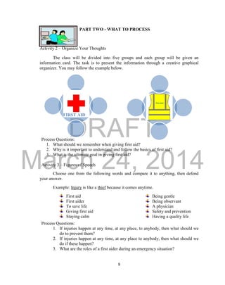 DRAFT 
March 24, 2014 
9 
PART TWO - WHAT TO PROCESS 
Activity 2 – Organize Your Thoughts 
The class will be divided into five groups and each group will be given an 
information card. The task is to present the information through a creative graphical 
organizer. You may follow the example below. 
Process Questions: 
1. What should we remember when giving first aid? 
2. Why is it important to understand and follow the basics of first aid? 
3. What is the ultimate goal in giving first aid? 
Activity 3 – Figures of Speech 
Choose one from the following words and compare it to anything, then defend 
your answer. 
Example: Injury is like a thief because it comes anytime. 
First aid 
First aider 
To save life 
Giving first aid 
Staying calm 
Being gentle 
Being observant 
A physician 
Safety and prevention 
Having a quality life 
Process Questions: 
1. If injuries happen at any time, at any place, to anybody, then what should we 
do to prevent them? 
2. If injuries happen at any time, at any place to anybody, then what should we 
do if these happen? 
3. What are the roles of a first aider during an emergency situation? 
FIRST AID 
 