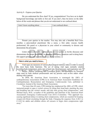 DRAFT 
March 24, 2014 
15 
Here is what you need to know… 
Activity 8 – Express your Queries 
Do you understand the flow chart? If yes, congratulations! You have an in depth 
background knowledge and skills in first aid. If you don’t, then list down on the table 
below all the words and phrases that you do not understand or are confused about. 
I don’t know anything about…. I am confused about… 
Present your queries to the teacher. You may also ask a bonafide Red Cross 
member, a para-medical practitioner like a nurse, a first aider, rescuer, health 
professional, life guard or a physician in your school or community to discuss and 
demonstrate the principles. 
Listen attentively to the teacher or any invited person as he/she discusses and 
demonstrates the proper procedures in assessing emergency situations and in doing basic 
life support (primary and secondary surveys of the victims). 
Vital signs are measures of various physiological statistics taken in order to assess 
the most basic body functions. The act of taking vital signs normally entails 
recording body temperature, pulse rate or heart rate, blood pressure, and respiratory rate. 
Before, Airway, Breathing and Circulation (ABC) are mnemonics for essential 
steps used by both medical professionals and lay persons such as first aiders when 
dealing with a patient. 
In 2010, the American Heart Association is rearranged the ABCs of 
cardiopulmonary resuscitation (CPR) in its American Heart Association Guidelines for 
Cardiopulmonary Resuscitation and Emergency Cardiovascular Care, published in 
Circulation: Journal of the American Heart Association. 
"For more than 40 years, CPR training has emphasized the ABCs of CPR, which 
instructed people to open a victim's airway by tilting their head back, pinching the nose 
and breathing into the victim's mouth, and only then giving chest compressions," said 
Michael Sayre, M.D., co-author of the guidelines and chairman of the American Heart 
Association's Emergency Cardiovascular Care (ECC) Committee. "This approach was 
causing significant delays in starting chest compressions, which are essential for keeping 
oxygen-rich blood circulating through the body. Changing the sequence from A-B-C to 
C-A-B for adults and children allows all rescuers to begin chest compressions right 
away." 
 