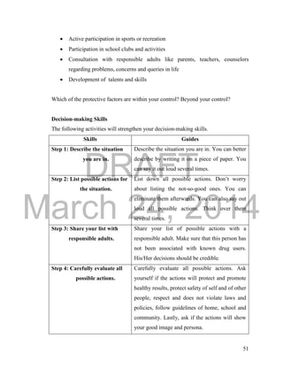 DRAFT
March 24, 2014
51
 Active participation in sports or recreation
 Participation in school clubs and activities
 Consultation with responsible adults like parents, teachers, counselors
regarding problems, concerns and queries in life
 Development of talents and skills
Which of the protective factors are within your control? Beyond your control?
Decision-making Skills
The following activities will strengthen your decision-making skills.
Skills Guides
Step 1: Describe the situation
you are in.
Describe the situation you are in. You can better
describe by writing it on a piece of paper. You
can say it out loud several times.
Step 2: List possible actions for
the situation.
List down all possible actions. Don’t worry
about listing the not-so-good ones. You can
eliminate them afterwards. You can also say out
loud all possible actions. Think over them
several times.
Step 3: Share your list with
responsible adults.
Share your list of possible actions with a
responsible adult. Make sure that this person has
not been associated with known drug users.
His/Her decisions should be credible.
Step 4: Carefully evaluate all
possible actions.
Carefully evaluate all possible actions. Ask
yourself if the actions will protect and promote
healthy results, protect safety of self and of other
people, respect and does not violate laws and
policies, follow guidelines of home, school and
community. Lastly, ask if the actions will show
your good image and persona.
 