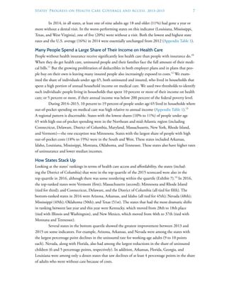 States’ Progress on Health Care Coverage and Access, 2013–2015	 7
In 2014, in all states, at least one of nine adults age 18 and older (11%) had gone a year or
more without a dental visit. In the worst-performing states on this indicator (Louisiana, Mississippi,
Texas, and West Virginia), one of five (20%) went without a visit. Both the lowest and highest state
rates and the U.S. average (16%) in 2014 were essentially unchanged from 2012 (Appendix Table 1).
Many People Spend a Large Share of Their Income on Health Care
People without health insurance receive significantly less health care than people with insurance do.10
When they do get health care, uninsured people and their families face the full amount of their medi-
cal bills.11
But the growing proliferation of deductibles in both employer plans and in plans that peo-
ple buy on their own is leaving many insured people also increasingly exposed to costs.12
We exam-
ined the share of individuals under age 65, both uninsured and insured, who lived in households that
spent a high portion of annual household income on medical care. We used two thresholds to identify
such individuals: people living in households that spent 10 percent or more of their income on health
care; or 5 percent or more, if their annual income was below 200 percent of the federal poverty level.
During 2014–2015, 10 percent to 19 percent of people under age 65 lived in households where
out-of-pocket spending on medical care was high relative to annual income (Appendix Table 1).13
A regional pattern is discernable. States with the lowest shares (10% to 11%) of people under age
65 with high out-of-pocket spending were in the Northeast and mid-Atlantic region (including
Connecticut, Delaware, District of Columbia, Maryland, Massachusetts, New York, Rhode Island,
and Vermont)—the one exception was Minnesota. States with the largest share of people with high
out-of-pocket costs (18% to 19%) were in the South and West. These states included Arkansas,
Idaho, Louisiana, Mississippi, Montana, Oklahoma, and Tennessee. These states also have higher rates
of uninsurance and lower median incomes.
How States Stack Up
Looking at the states’ rankings in terms of health care access and affordability, the states (includ-
ing the District of Columbia) that were in the top quartile of the 2015 scorecard were also in the
top quartile in 2016, although there was some reordering within the quartile (Exhibit 7).14
In 2016,
the top-ranked states were Vermont (first); Massachusetts (second); Minnesota and Rhode Island
(tied for third); and Connecticut, Delaware, and the District of Columbia (all tied for fifth). The
bottom-ranked states in 2016 were Arizona, Arkansas, and Idaho (all tied for 45th); Nevada (48th);
Mississippi (49th); Oklahoma (50th); and Texas (51st). The states that had the most dramatic shifts
in ranking between last year and this year were Kentucky, which moved from 28th to 18th place
(tied with Illinois and Washington), and New Mexico, which moved from 46th to 37th (tied with
Montana and Tennessee).
Several states in the bottom quartile showed the greatest improvement between 2013 and
2015 on some indicators. For example, Arizona, Arkansas, and Nevada were among the states with
the largest percentage point declines in the uninsured rate for working-age adults (9 to 10 points
each). Nevada, along with Florida, also had among the largest reductions in the share of uninsured
children (6 and 5 percentage points, respectively). In addition, Arkansas, Florida, Georgia, and
Louisiana were among only a dozen states that saw declines of at least 4 percentage points in the share
of adults who went without care because of costs.
 