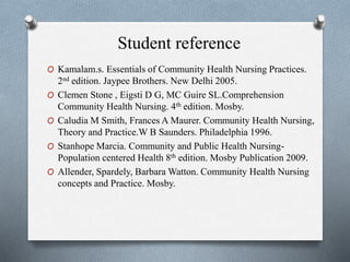 Student reference
O Kamalam.s. Essentials of Community Health Nursing Practices.
2nd edition. Jaypee Brothers. New Delhi 2005.
O Clemen Stone , Eigsti D G, MC Guire SL.Comprehension
Community Health Nursing. 4th edition. Mosby.
O Caludia M Smith, Frances A Maurer. Community Health Nursing,
Theory and Practice.W B Saunders. Philadelphia 1996.
O Stanhope Marcia. Community and Public Health Nursing-
Population centered Health 8th edition. Mosby Publication 2009.
O Allender, Spardely, Barbara Watton. Community Health Nursing
concepts and Practice. Mosby.
 