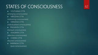 STATES OF CONSCIOUSNESS
 VYUTHANA CITTA
(emerging consciousness)
 NIRODHA CITTA
(restraining consciousness)
 NIRMANA CITTA
(individualized consciousness)
 PRASANTA CITTA
(tranquil consciousness)
 EKAGRATA CITTA
(attentive consciousness)
 CHIDRA CITTA
(fissured consciousness)
 PARIPAKVA CITTA
(pure consciousness)
62
 