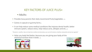KEY FACTORS OF JUICE PLUS+
▪ Adults:
▪ Provides busy parents their daily recommend fruits/vegetables .(1)
▪ Comes in capsu...