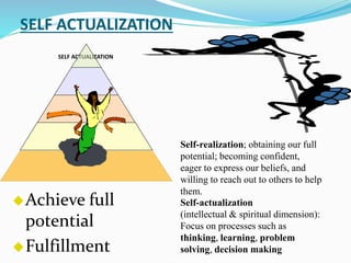 SELF ACTUALIZATION
Achieve full
potential
Fulfillment
Self-realization; obtaining our full
potential; becoming confident,
eager to express our beliefs, and
willing to reach out to others to help
them.
SELF ACTUALIZATION
Self-actualization
(intellectual & spiritual dimension):
Focus on processes such as
thinking, learning, problem
solving, decision making
 