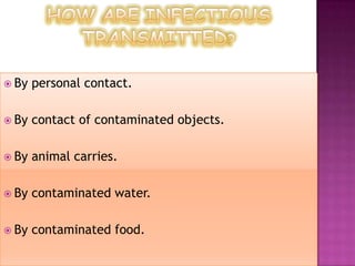  By   personal contact.

 By   contact of contaminated objects.

 By   animal carries.

 By   contaminated water.

 By   contaminated food.
 