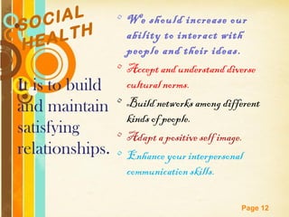IAL          • We should increase our
SOC TH
  EAL
                   ability to interact with
H                  people and their ideas.
                 • Accept and understand diverse
It is to build     cultural norms.
                 • Build networks among different
and maintain
                   kinds of people.
satisfying       • Adapt a positive self image.
relationships.   • Enhance your interpersonal
                   communication skills.

             Free Powerpoint Templates
                                            Page 12
 