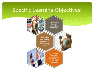 1. Describe
“Body
Beautiful”
2.Discuss
how to keep
pounds off
and energy
up.
3.Discuss
how to
exercise for
a perfect
posture.
Specific Learning Objectives:
 