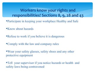 Participate in keeping your workplace Healthy and Safe Know about hazards Refuse to work if you believe it is dangerous Comply with the law and company rules Wear your safety glasses, safety shoes and any other protective equipment Tell  your supervisor if you notice hazards or health  and safety laws being contravened Workers know your rights and responsibilities! Sections 8, 9, 28 and 43 