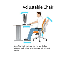 Adjustable Chair

An office chair that can lean forward when
needed and recline when needed will prevent
strain

 