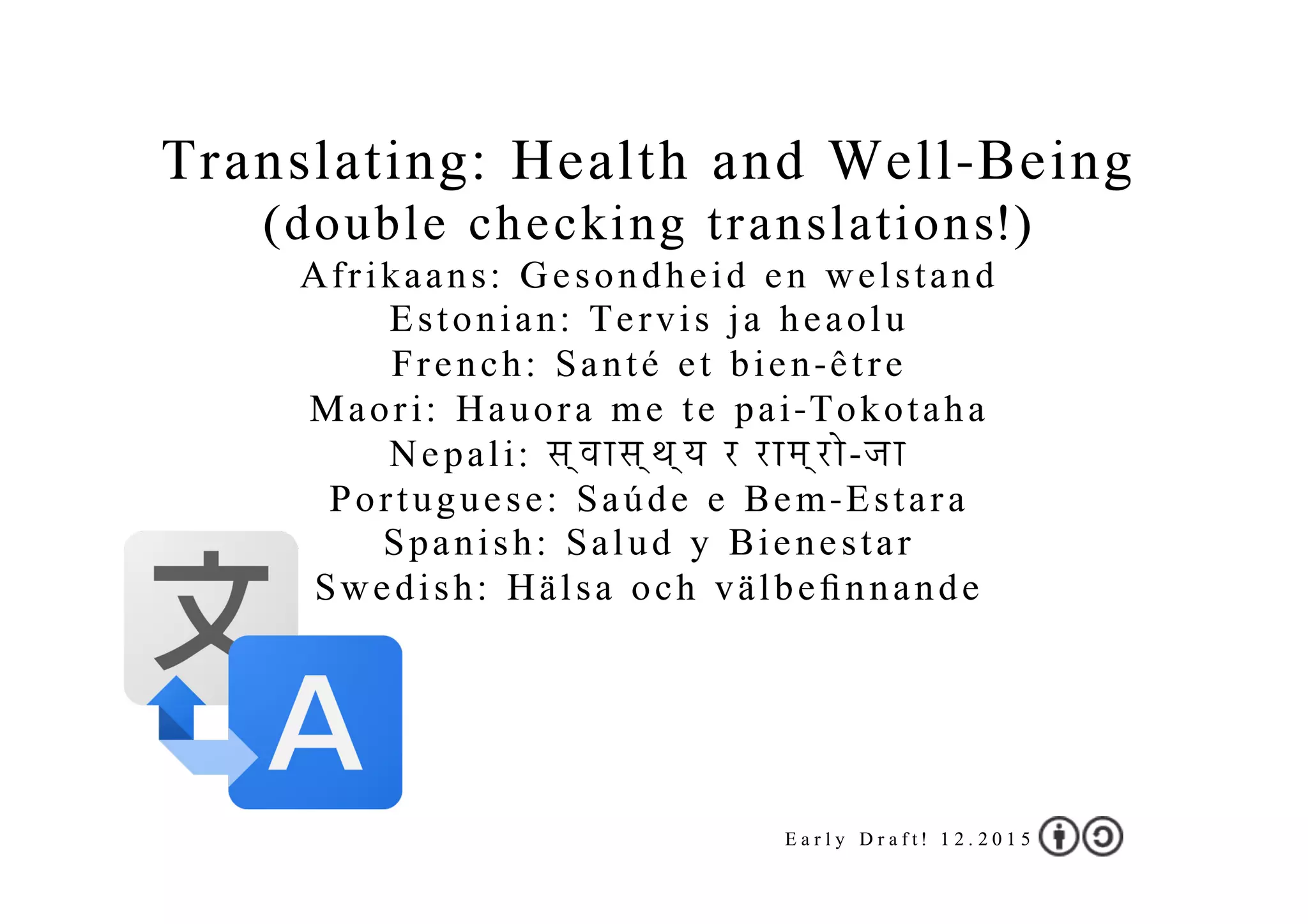 Translating: Health and Well-Being
(double checking translations!)
Afrikaans: Gesondheid en welstand
Estonian: Tervis ja heaolu
French: Santé et bien-être
Maori: Hauora me te pai-Tokotaha
Nepali: स्वास्थ्य र राम्रो-जा
Portuguese: Saúde e Bem-Estara
Spanish: Salud y Bienestar
Swedish: Hälsa och välbeﬁnnande
E a r l y D r a f t ! 1 2 . 2 0 1 5
 