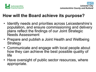 How will the Board achieve its purpose? Identify needs and priorities across Leicestershire’s population, and ensure commissioning and delivery plans reflect the findings of our Joint Strategic Needs Assessment Prepare and publish a Joint Health and Wellbeing Strategy  Communicate and engage with local people about how they can achieve the best possible quality of life Have oversight of public sector resources, where appropriate. 