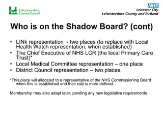 Who is on the Shadow Board? (cont)   LINk representation  - two places (to replace with Local Health Watch representation, when established) The Chief Executive of NHS LCR (the local Primary Care Trust)* Local Medical Committee representation – one place District Council representation – two places. *This place will allocated to a representative of the NHS Commissioning Board when this is established and their role is more defined. Membership may also adapt later, pending any new legislative requirements 