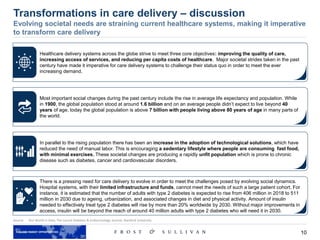 10
Source: Our World in Data, The Lancet Diabetes & Endocrinology Journal, Stanford University
Transformations in care delivery – discussion
Evolving societal needs are straining current healthcare systems, making it imperative
to transform care delivery
Healthcare delivery systems across the globe strive to meet three core objectives: improving the quality of care,
increasing access of services, and reducing per capita costs of healthcare. Major societal strides taken in the past
century have made it imperative for care delivery systems to challenge their status quo in order to meet the ever
increasing demand.
Most important social changes during the past century include the rise in average life expectancy and population. While
in 1900, the global population stood at around 1.6 billion and on an average people didn’t expect to live beyond 40
years of age, today the global population is above 7 billion with people living above 80 years of age in many parts of
the world.
In parallel to the rising population there has been an increase in the adoption of technological solutions, which have
reduced the need of manual labor. This is encouraging a sedentary lifestyle where people are consuming fast food,
with minimal exercises. These societal changes are producing a rapidly unfit population which is prone to chronic
disease such as diabetes, cancer and cardiovascular disorders.
There is a pressing need for care delivery to evolve in order to meet the challenges posed by evolving social dynamics.
Hospital systems, with their limited infrastructure and funds, cannot meet the needs of such a large patient cohort. For
instance, it is estimated that the number of adults with type 2 diabetes is expected to rise from 406 million in 2018 to 511
million in 2030 due to ageing, urbanization, and associated changes in diet and physical activity. Amount of insulin
needed to effectively treat type 2 diabetes will rise by more than 20% worldwide by 2030. Without major improvements in
access, insulin will be beyond the reach of around 40 million adults with type 2 diabetes who will need it in 2030.
 