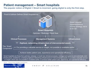 75
Patient management – Smart hospitals
The popular notion of Digital = Smart is incorrect; going digital is only the first step.
Source: Future of Smart Hospitals, Frost & Sullivan
Optimize / Redesign / Build New
Smart Hospitals
Smart hospitals are those that optimize, redesign, or build new clinical processes, management systems and potentially even
infrastructure, enabled by underlying digitized networking infrastructure of interconnected assets, to provide a valuable service
or insight, which was not possible or available earlier, to achieve better patient care, experience, and operational efficiency.
Clinical Processes Management Systems Infrastructure
Digitized, networking infrastructure of interconnected assets
Achieve better patient care, experience and operational efficiency
Frost & Sullivan Defines Smart Hospitals as:
Smart Hospital
implementations
involve strategy, not a
to-do list
For providing a valuable service or insight, not possible or available earlier
The ‘Smart
Component’
 
