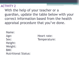 With the help of your teacher or a
guardian, update the table below with your
correct information based from the health
appraisal procedure that you’ve done.
Name:
Age: Heart rate:
Sex: Temperature:
Height:
Weight:
BMI:
Nutritional Status:
ACTIVITY 2
 