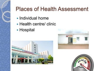 Places of Health Assessment
 Individual home
 Health centre/ clinic
 Hospital
 