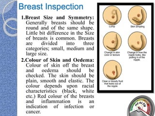 Breast Inspection
1.Breast Size and Symmetry:
Generally breasts should be
round and of the same shape.
Little bit difference in the Size
of breasts is common. Breasts
are divided into three
categories; small, medium and
large size.
2.Colour of Skin and Oedema:
Colour of skin off the breast
and oedema should be
checked. The skin should be
plain, smooth and elastic. The
colour depends upon racial
characteristics (black, white
etc.) Red colour of the breasts
and inflammation is an
indication of infection or
cancer.
 