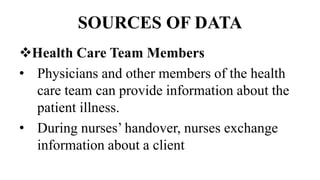 SOURCES OF DATA
Health Care Team Members
• Physicians and other members of the health
care team can provide information about the
patient illness.
• During nurses’ handover, nurses exchange
information about a client
 